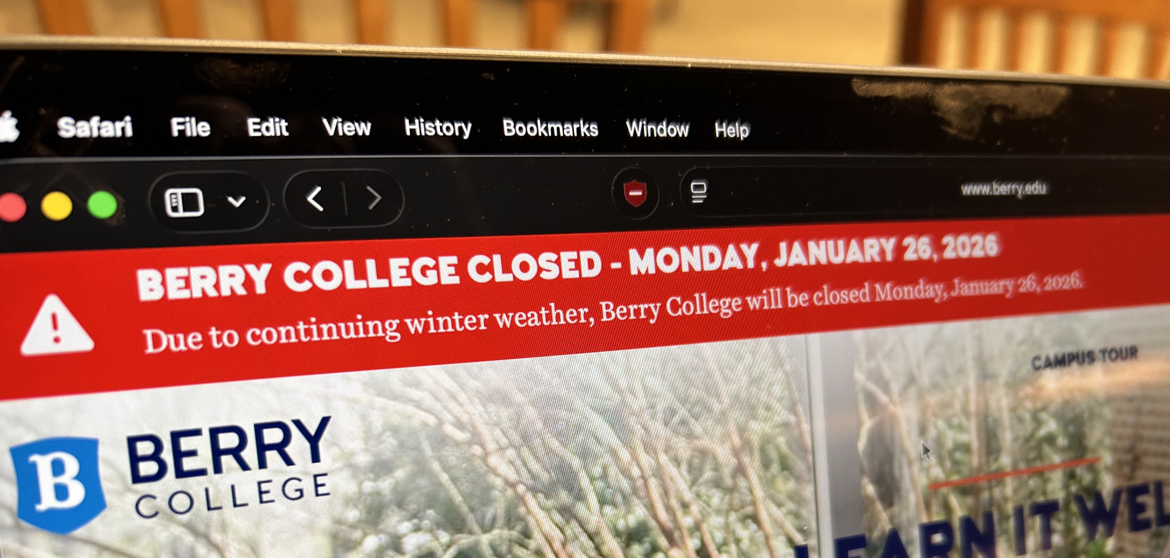 Berry College has canceled classes for Monday, Jan. 26 because of anticipated impacts from winter weather.