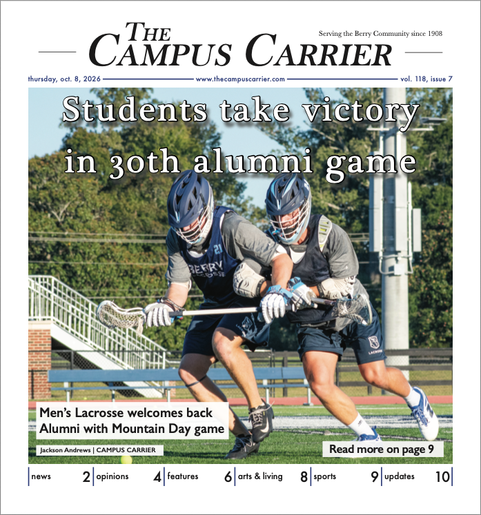 Cover of The Campus Carrier newspaper featuring two lacrosse players in action, celebrating a victory during the 30th alumni game.