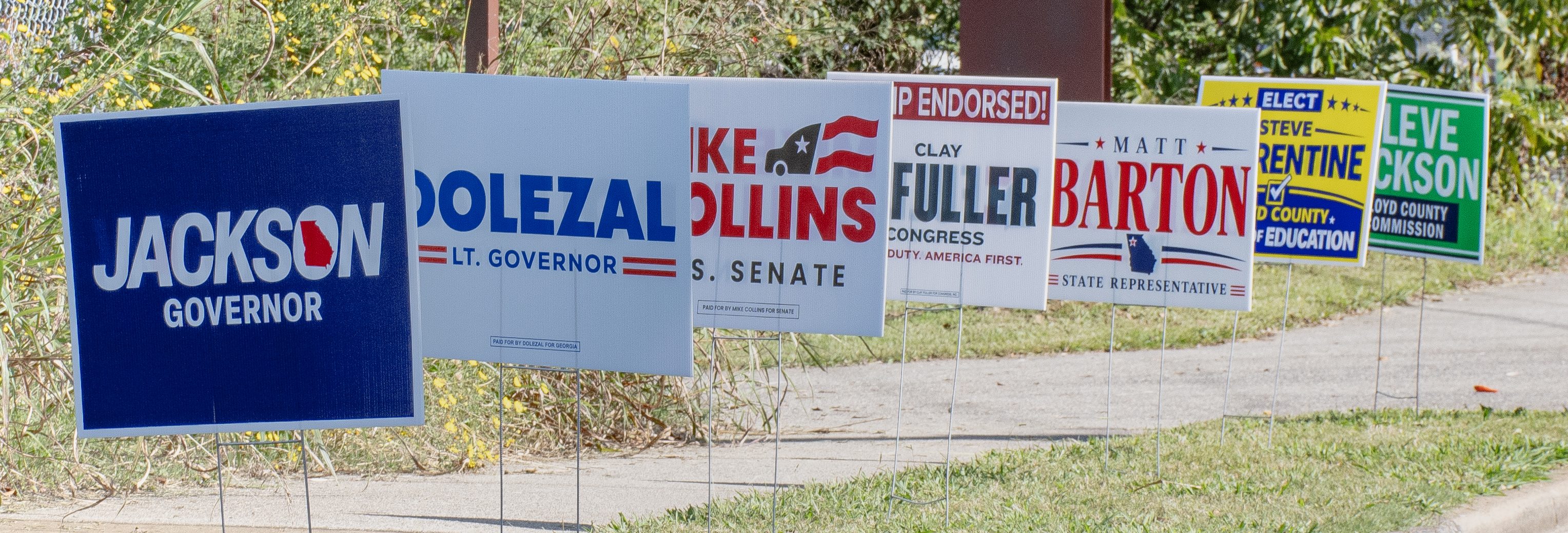 A row of political signs in between a sidewalk and the road, with bushes and trees behind.